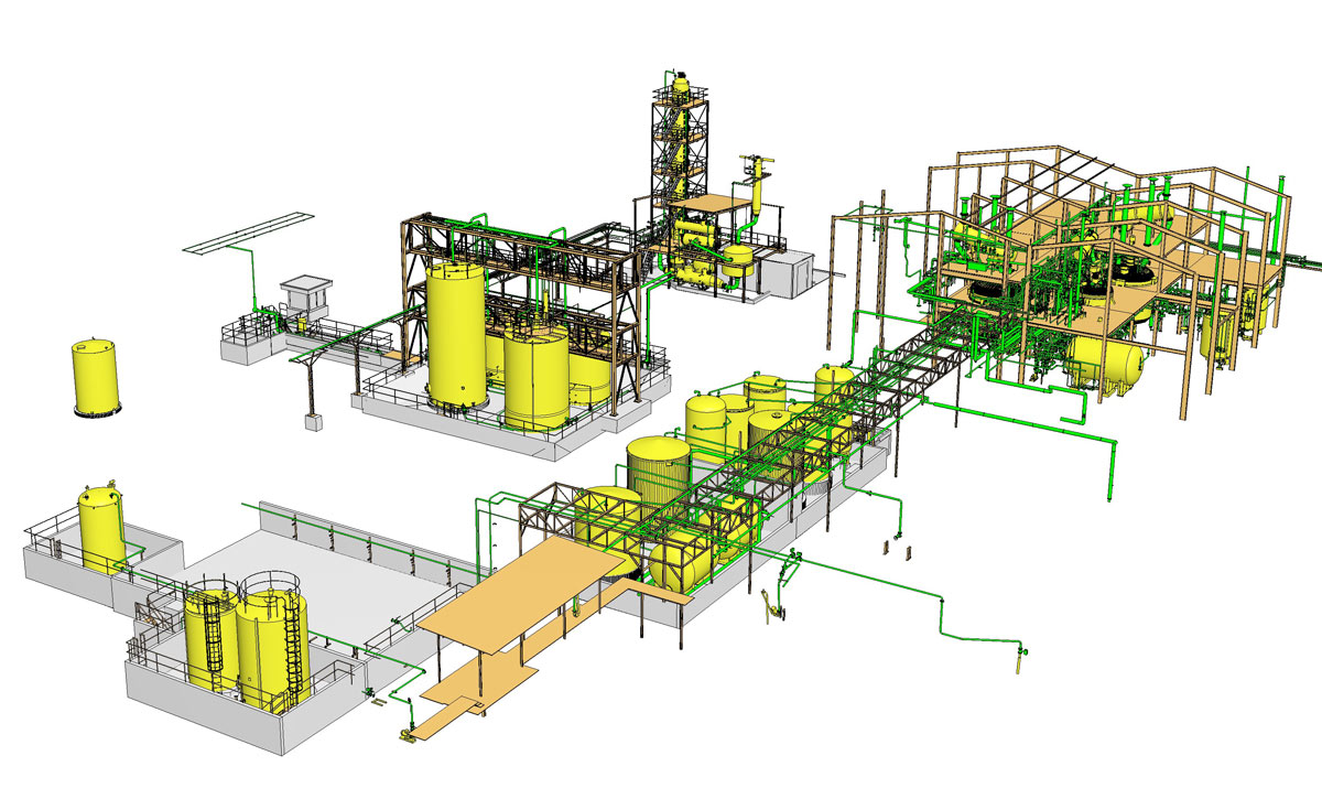 Isometric view of a full industrial plant CAD model created by 3Deling