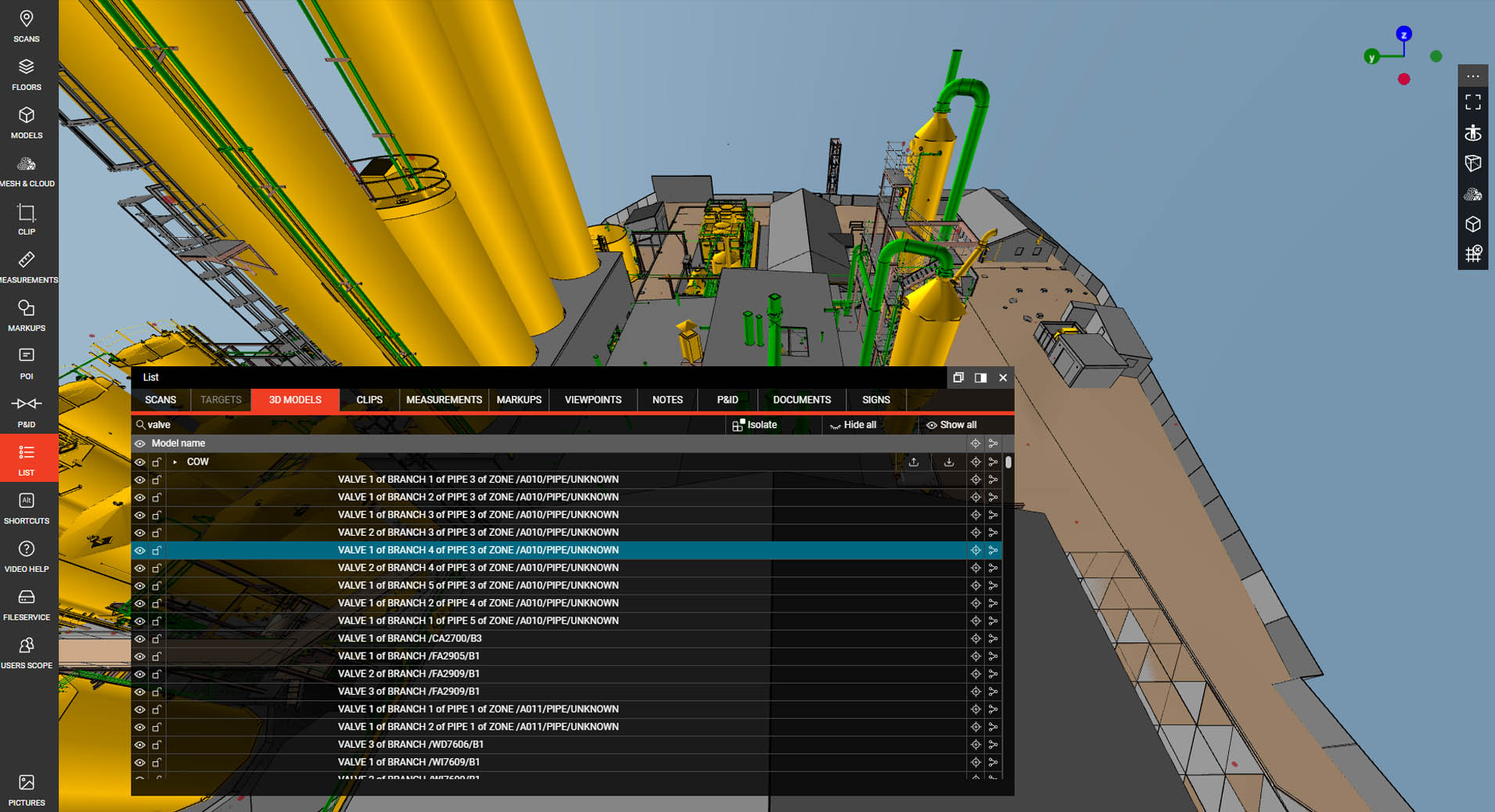 WebPano intuitive navigation with component search showing valve list and highlighted element in 3D model