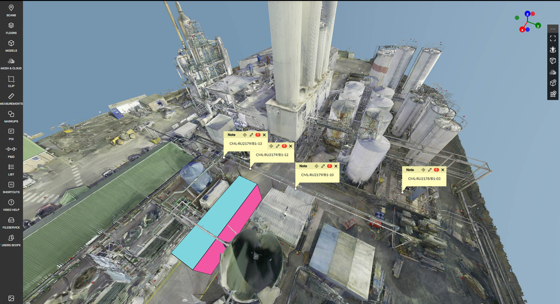 WebPano mesh model viewer with CML markup notes on industrial plant site