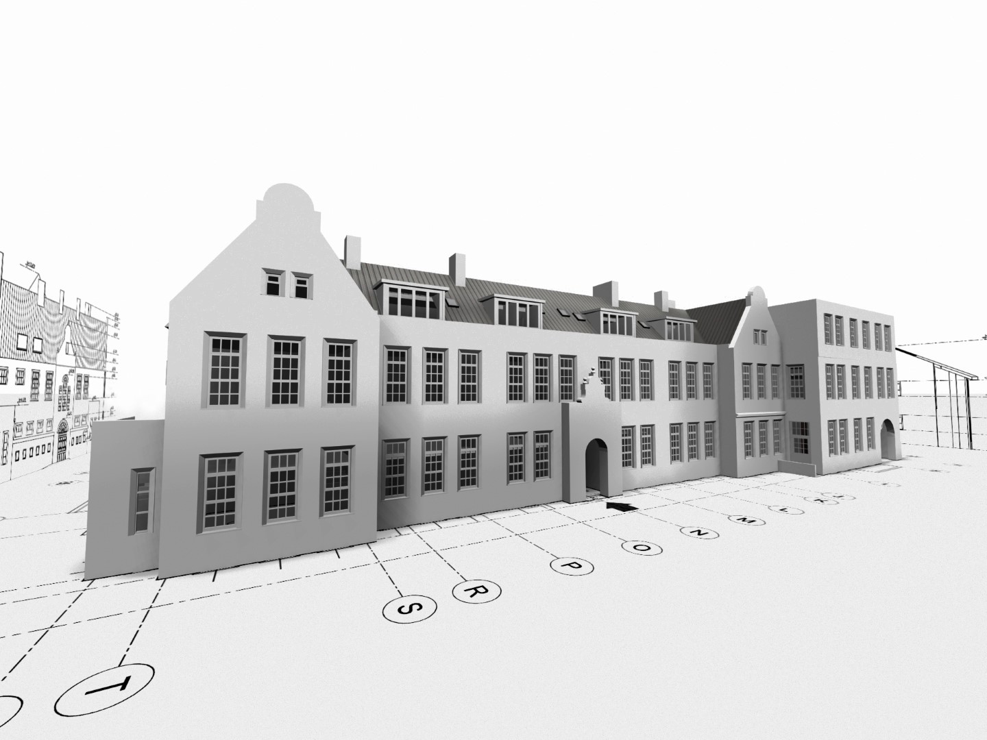 Model BIM budynku z siecią osi konstrukcyjnych, typowy dla dokumentacji architektonicznej