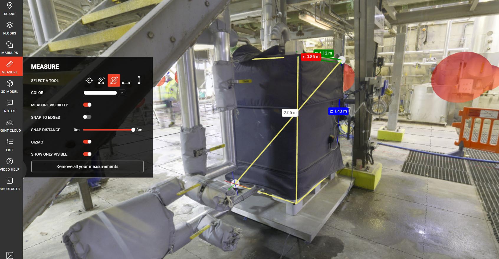 Figure 1. Example of spatial measurement in the site digital view, in the Webpano -Visual Factory (digital twin) service by 3Deling.