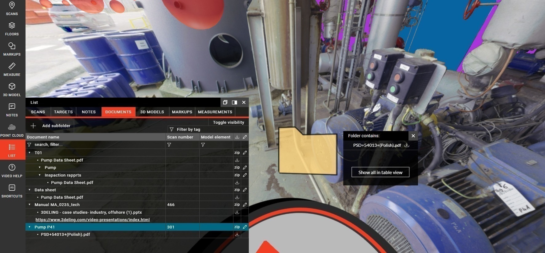 Figure 1: An example of linking documentation to a specific location and device within the facility as part of employee training Using Webpano – Visual Factory from 3Deling