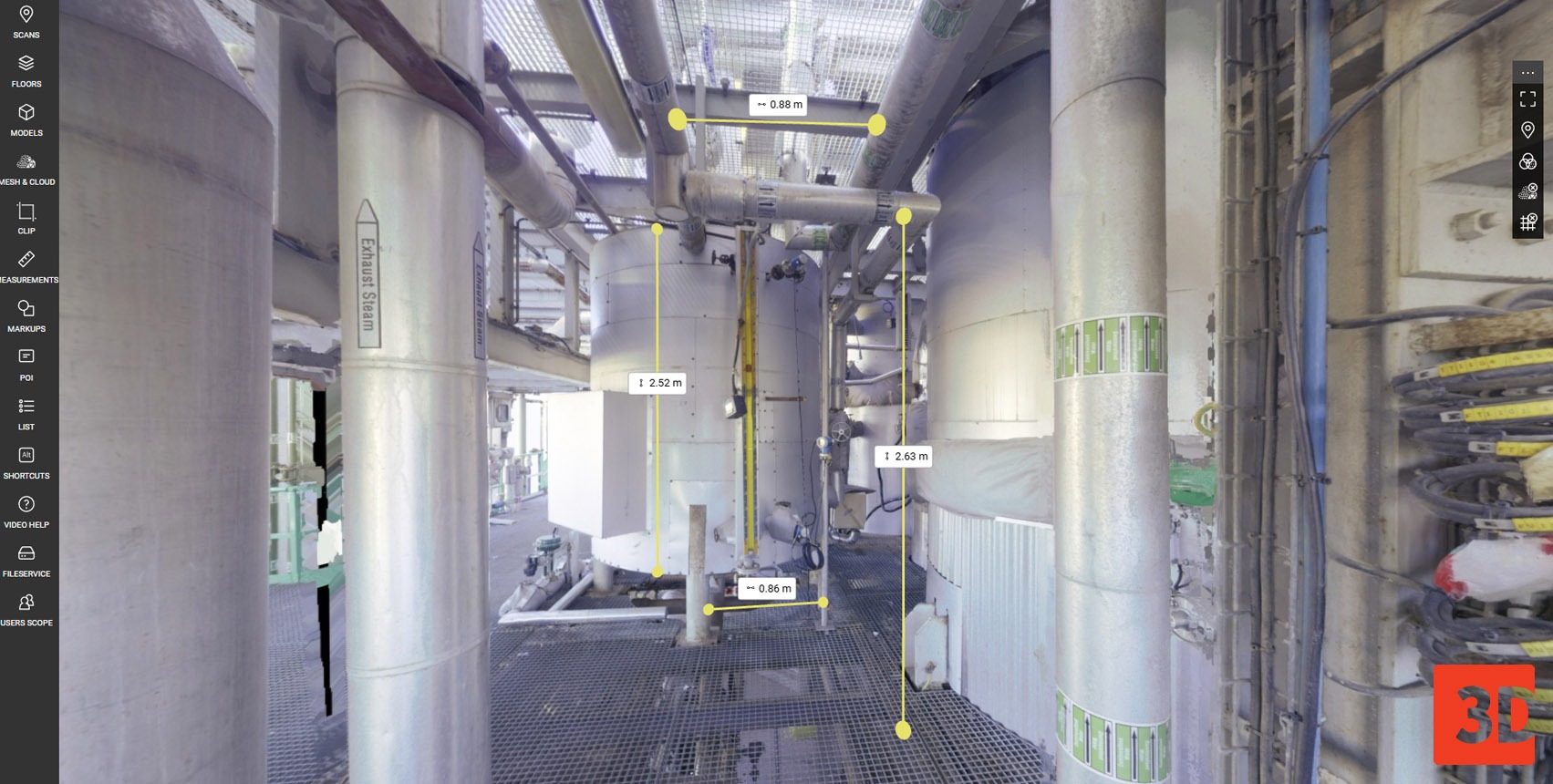 360° panoramic view in WebPano Visual Plant derived from 3D laser scanning, allowing precise spatial measurements.