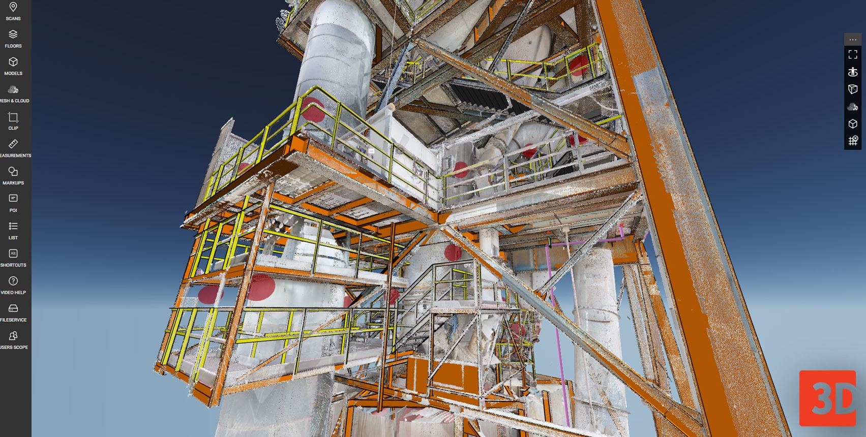 Point cloud view in WebPano Visual Plant with integrated 3D model of structural elements and safety barriers