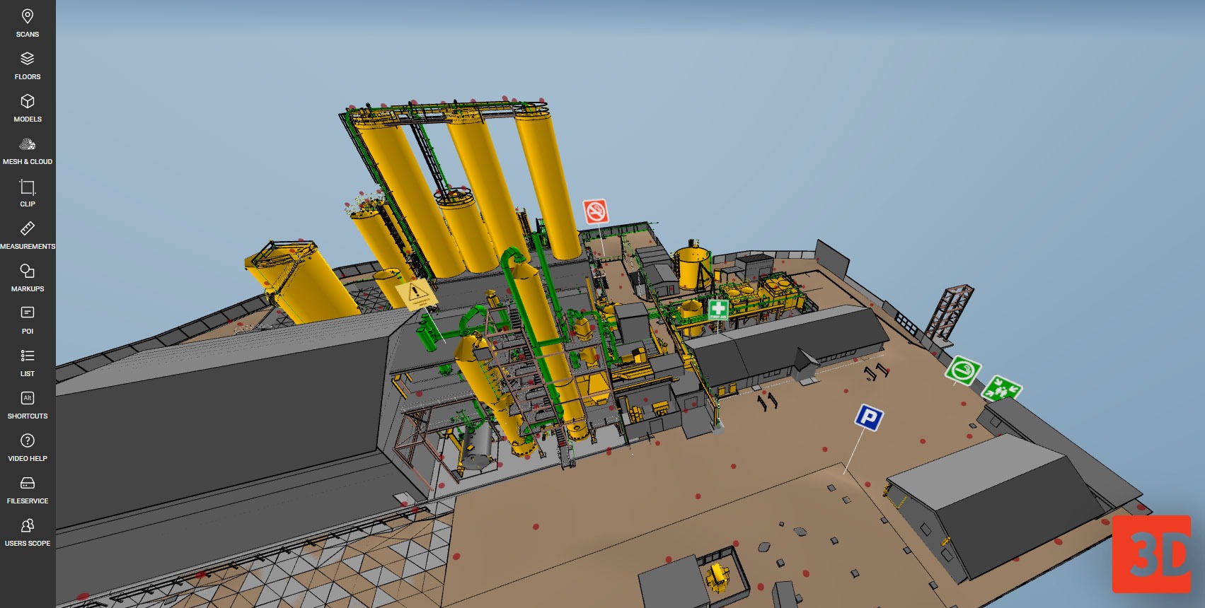 Examples of Webpano Signs displayed inside the platform viewport.