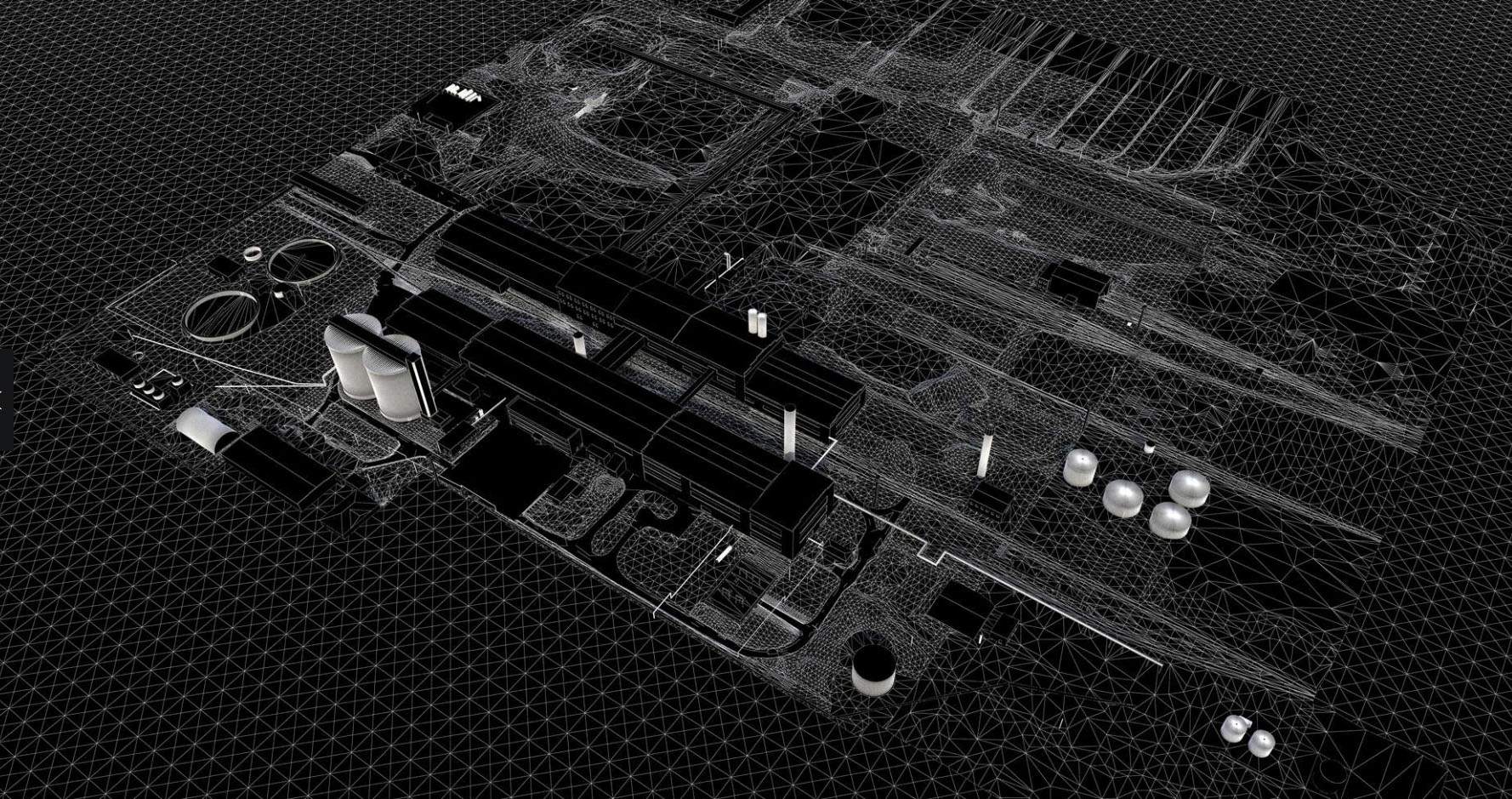 Partial CAD vector model integrated with a photogrammetric 3D mesh, demonstrating the combination of vector drawings and reality-based survey data for an industrial sugar factory.