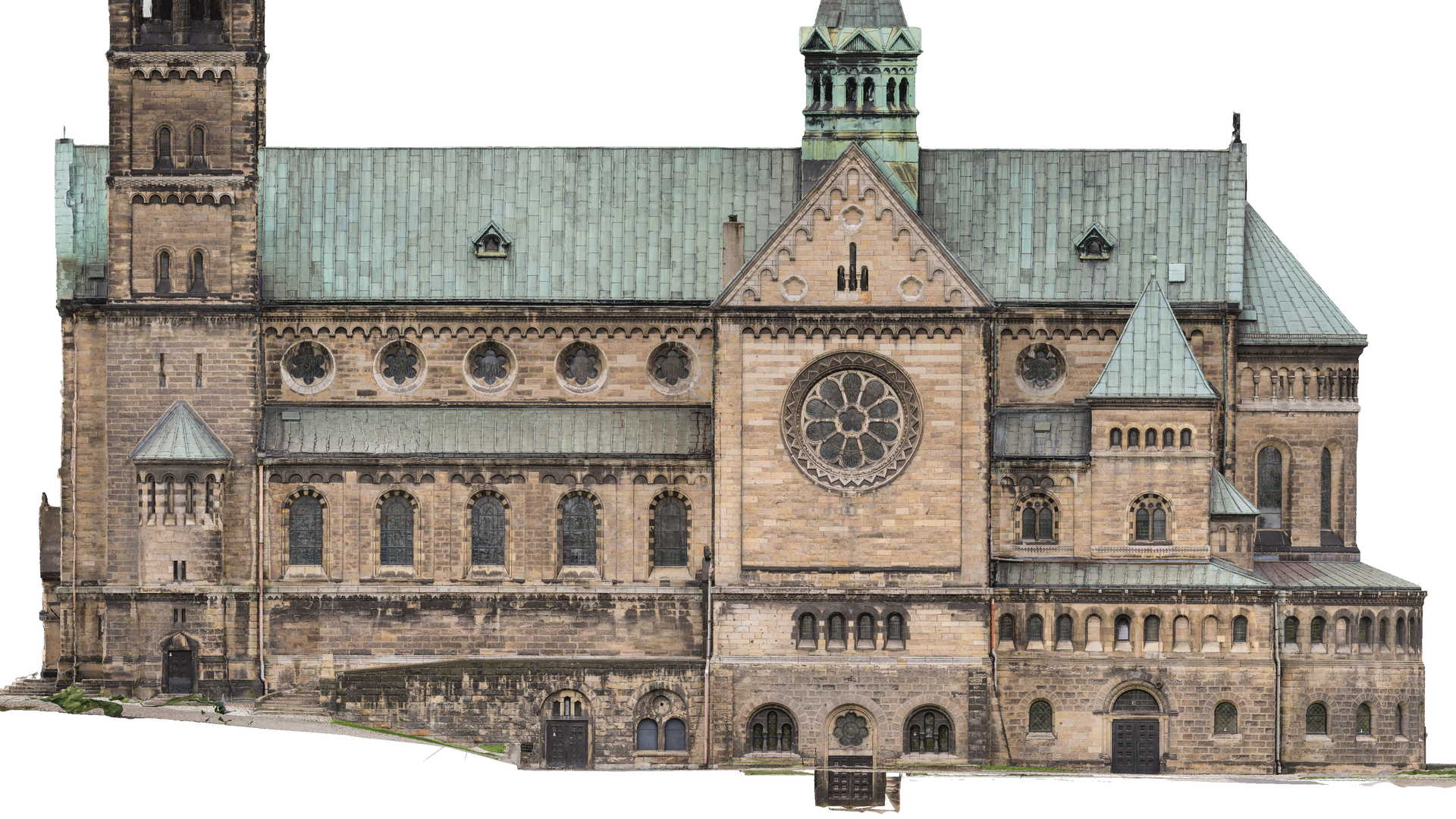 Orthophoto of the façade of St. Hyacinth’s Church in Bytom, providing a true-to-scale image for architectural elevations, measurement, and refurbishment design.