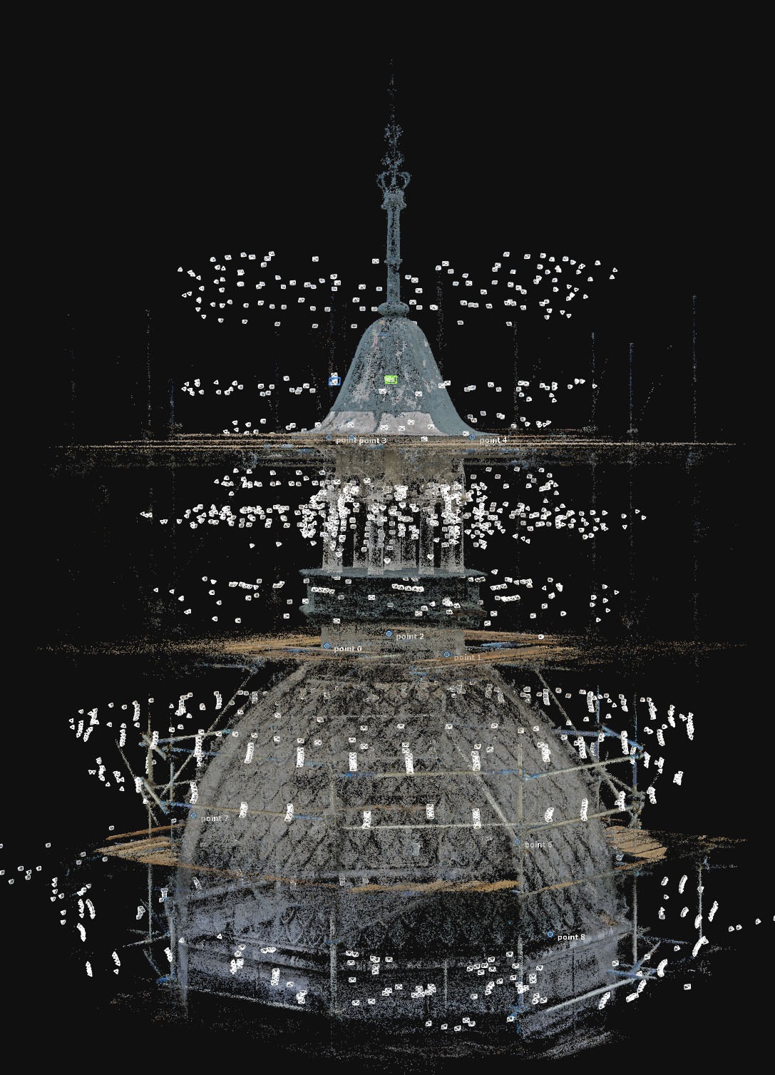 Screenshot from RealityCapture software showing camera positions used in the photogrammetry workflow to generate accurate 3D mesh and point cloud data.