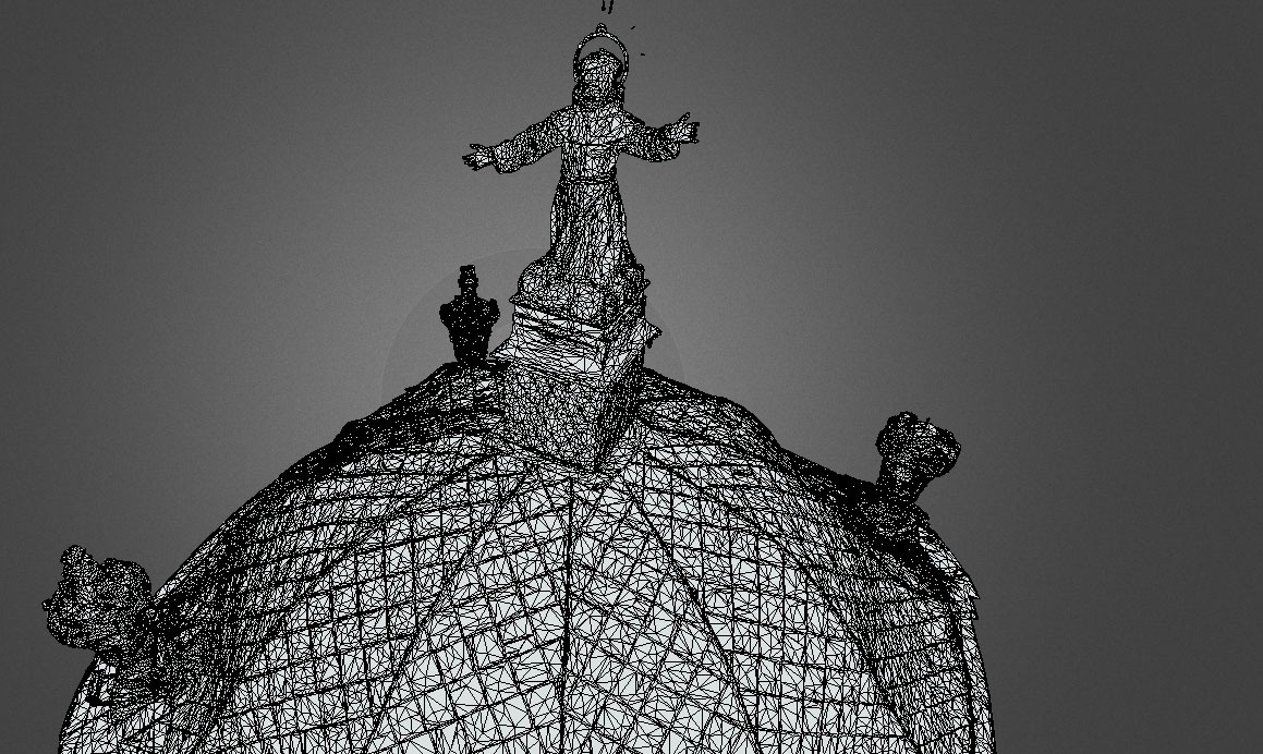 Untextured photogrammetric 3D mesh with shaded surface, showing the roof of the St. John of Dukla Well in Lviv for geometric analysis and survey validation.