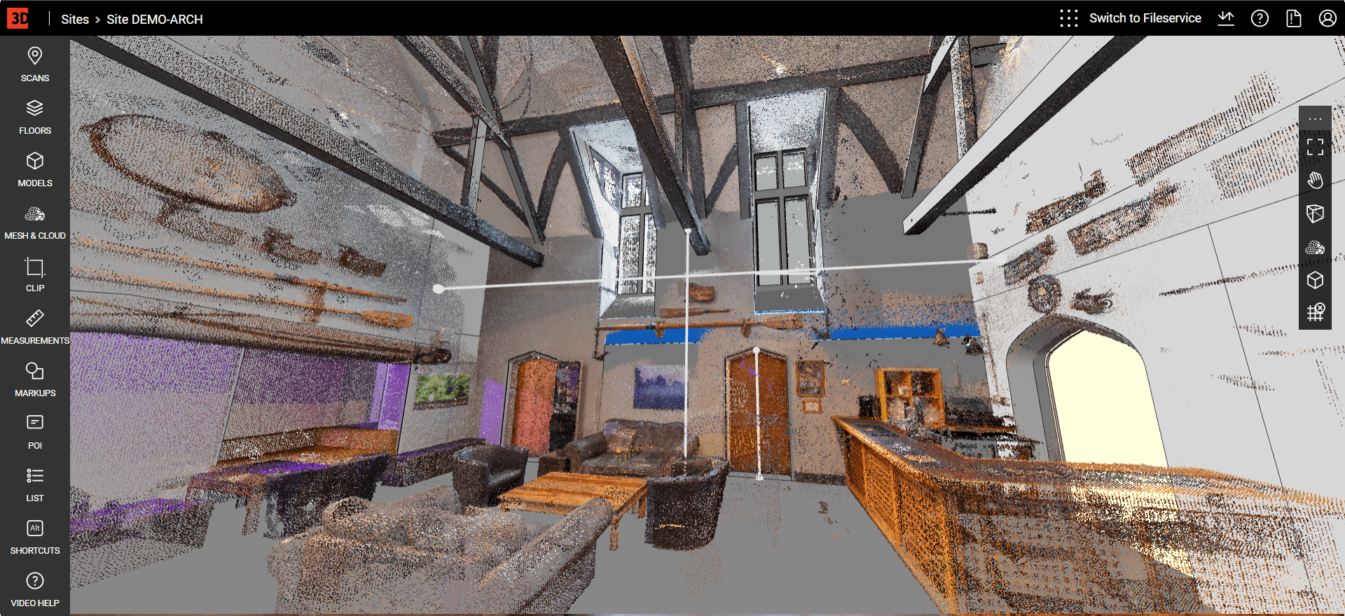 Webpano 360-degree panoramic view showing the digital twin model overlaid on captured point cloud data for visual comparison and accuracy analysis.