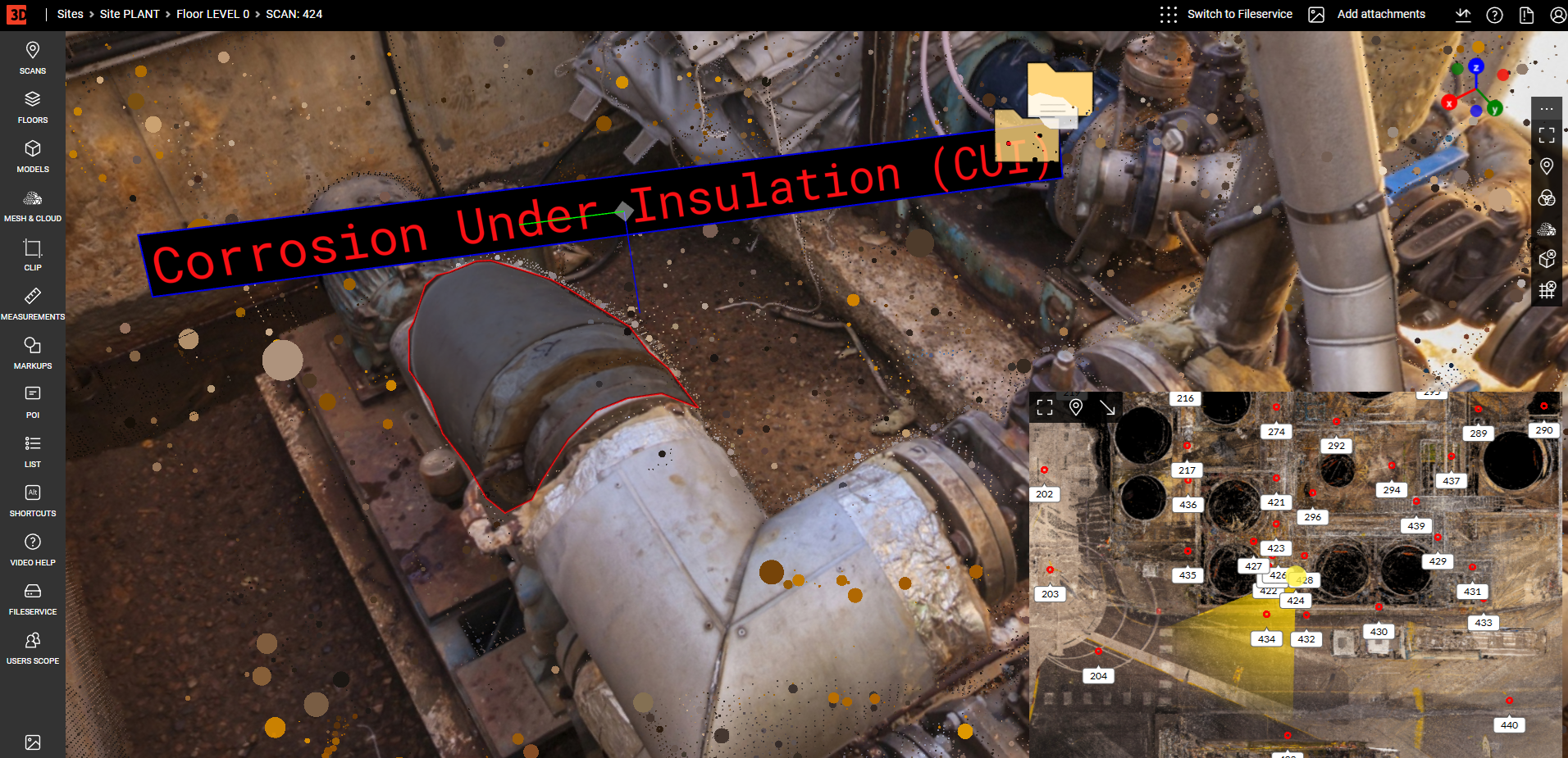 Corrosion monitoring data visualized with precise location in WebPano Visual Plant using CML information