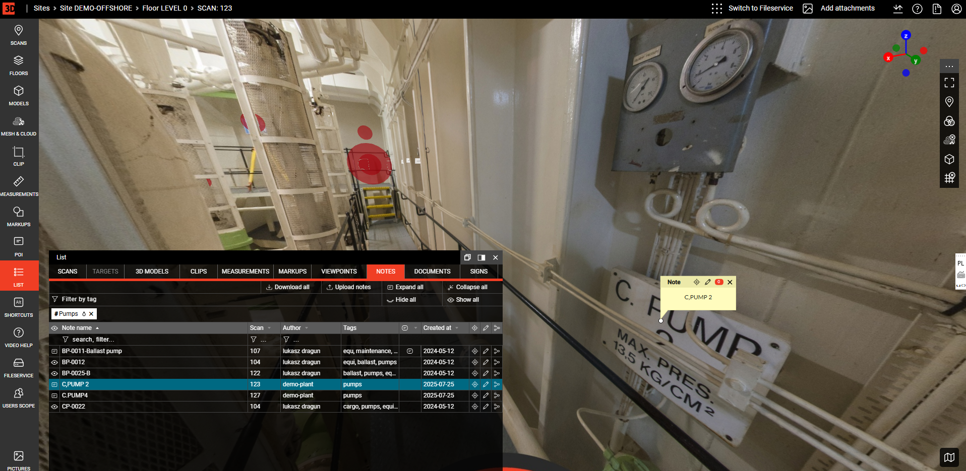 Equipment location within the facility using tag and asset name filtering in WebPano Visual Plant
