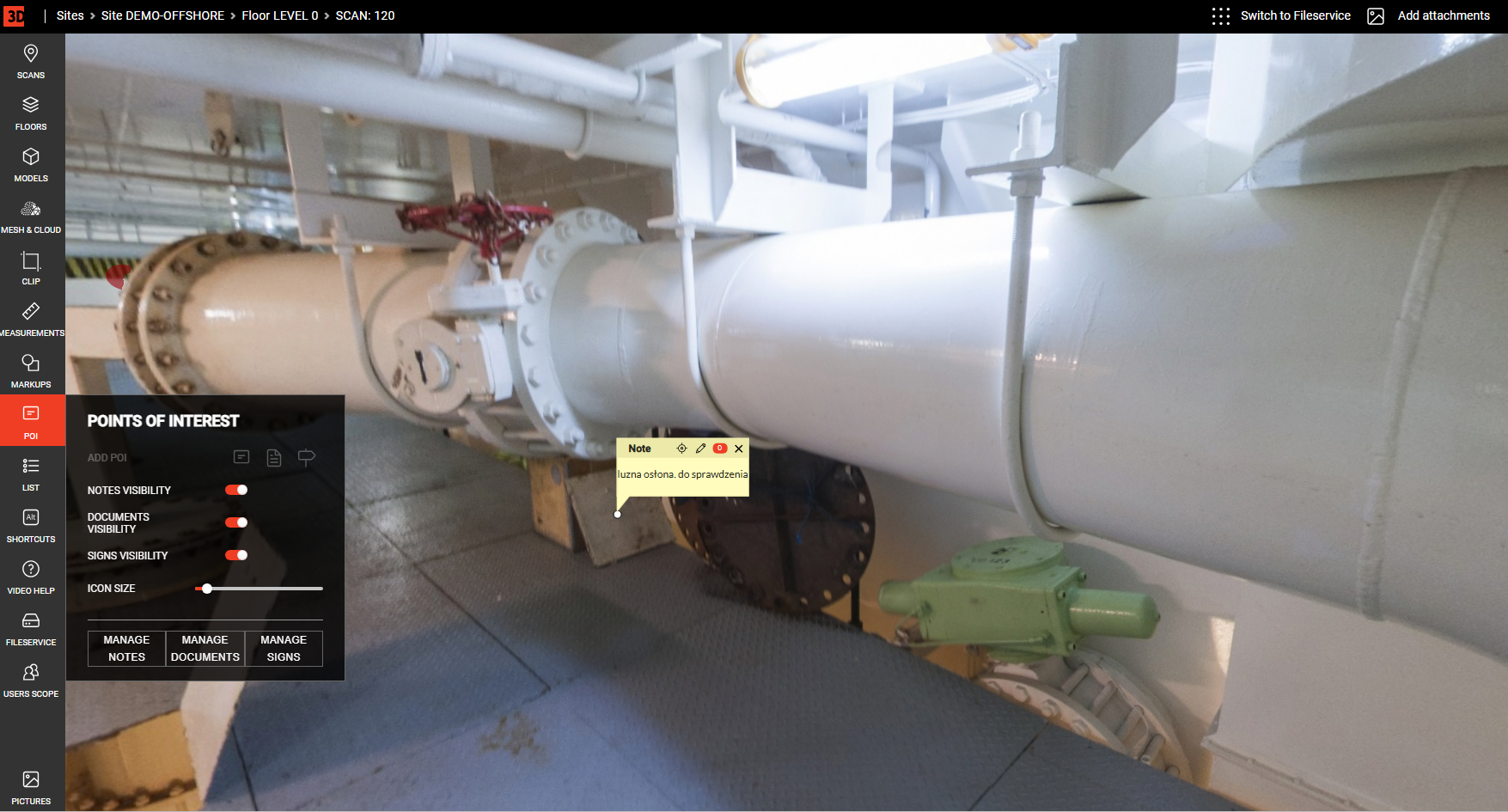 Potential fault location identified on a digital twin in WebPano Visual Plant supporting quality maintenance