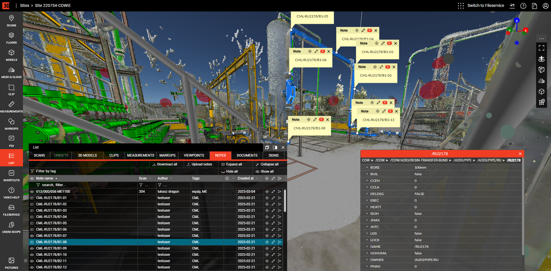 Pipeline routing on a point cloud in WebPano Visual Plant for modernization and 3D modeling